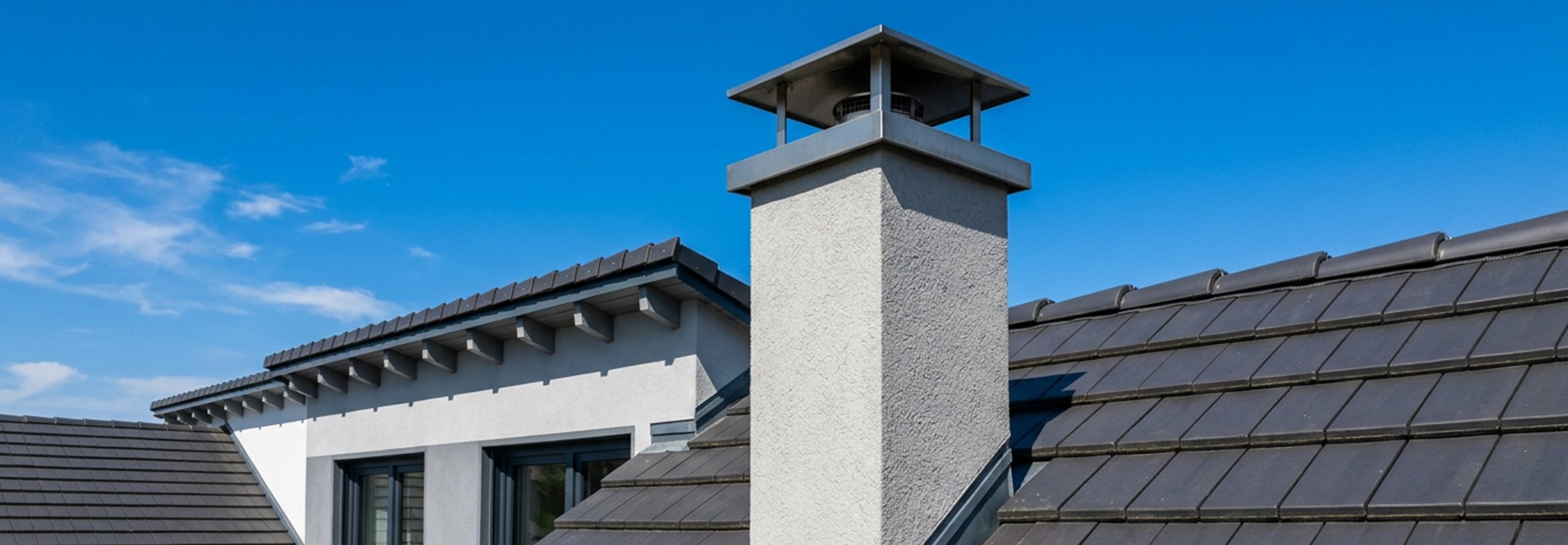 Ein Schornstein vor einem strahlend blauen Himmel und hellem Sonnenschein.