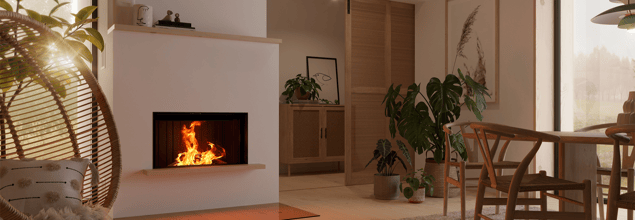 Ein Kamin in einem modern eingerichteten Essbereich mit einer Schaukel im Vordergrund.