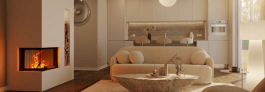 Ein weißer Kaminofen mit Holzfach steht in einem hell eingerichteten Wohnbereich.