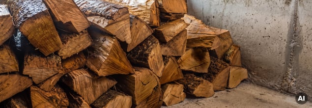 Ein Stapel mit feuchtem Brennholz liegt vor einer Betonwand; das Bild ist KI-generiert.
