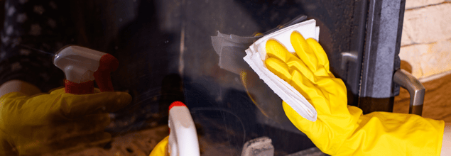 Die Sichtscheibe eines Kamins wird mit einem Lappen gereinigt.