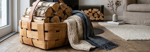 Ein stilvoller Holzkorb mit gefalteten Decken steht neben einem Kamin im Wohnzimmer.