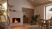 Länglicher Kamineinsatz mit Glasplatte steht in offenem Wohn-Essbereich
