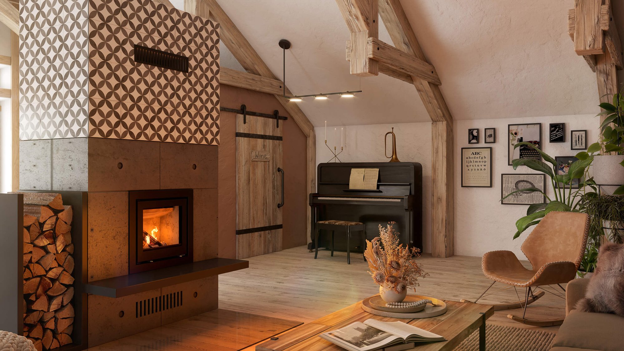 Großer metallischer Kamin mit eigenem Holzlager Großer metallischer Kamin mit eigenem Holzlager