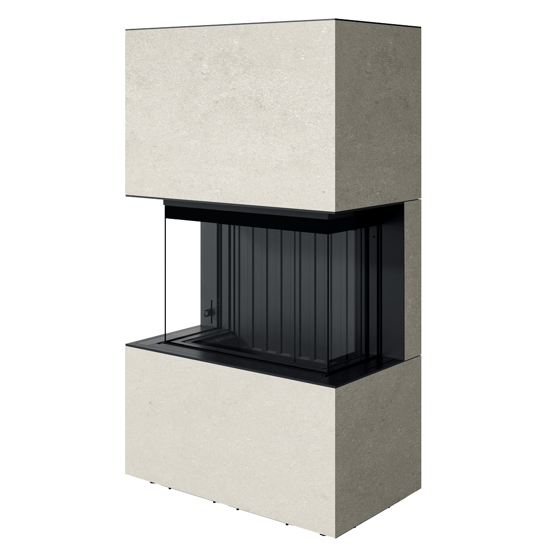 Kamin in Kalksteinoptik mit Graphit-Schamotte