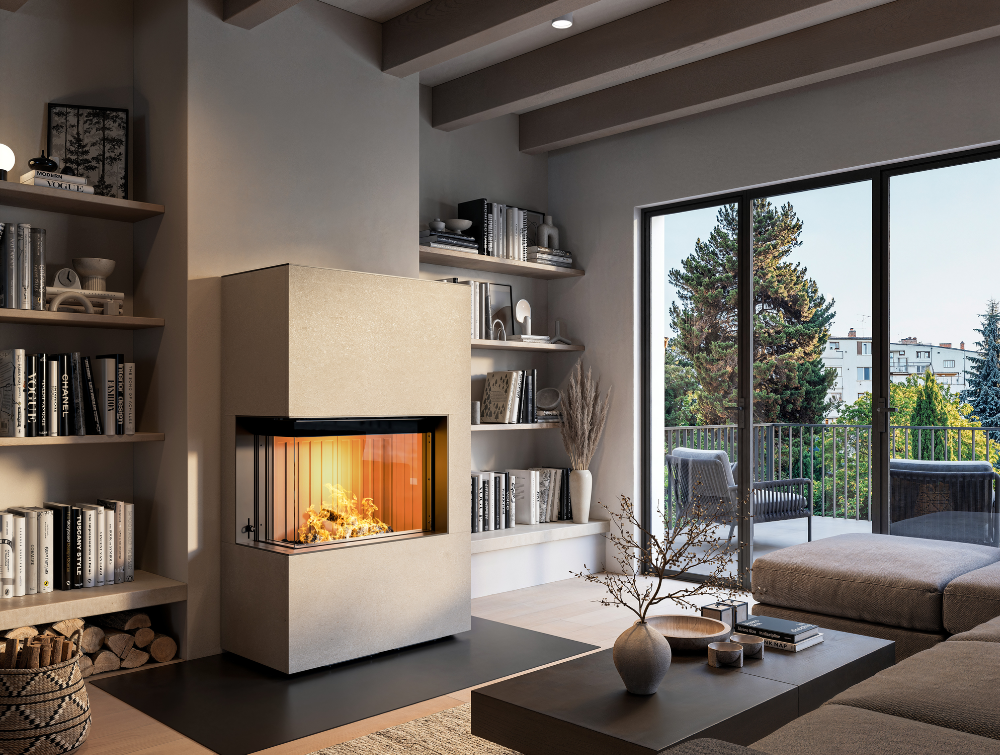 Kamin mit Eckfenster steht auf Vorlegeplatte in schönem Wohnzimmer Kamin mit Eckfenster steht auf Vorlegeplatte in schönem Wohnzimmer