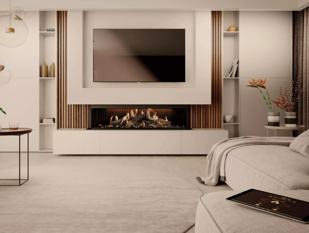 Virtuo Evolve unter großem Fernseher mit aktivem Flammenspiel