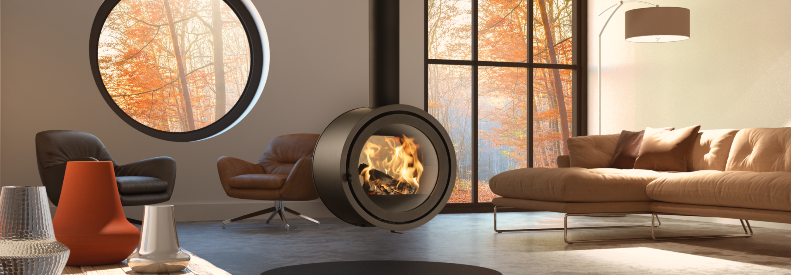 A suspended, round fireplace in a living room.