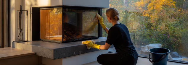Eine Frau reinigt einen Kaminofen, der vor einer großen Fensterscheibe steht.