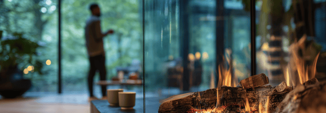  Im Vordergrund ein prasselndes Feuer, im Hintergrund eine Person, die an einem bodentiefen Fenster steht mit einer Tasse in der Hand und raus in die Natur schaut.