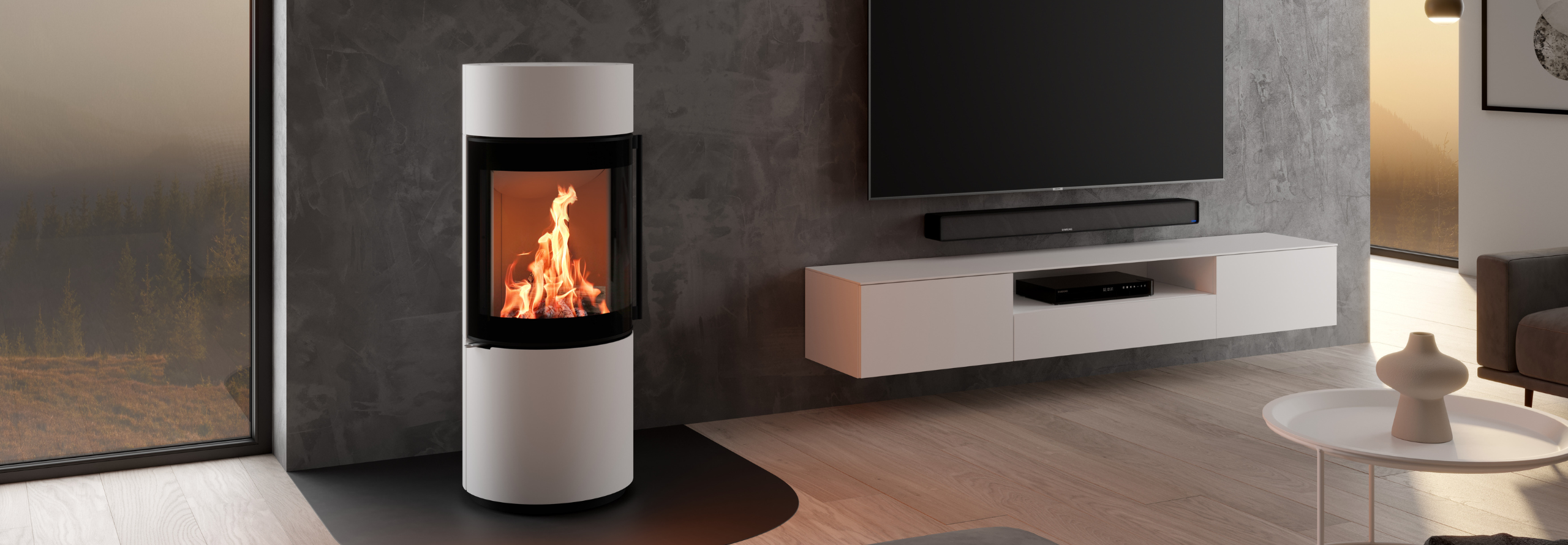 Kaminofen in einem minimalistisch eingerichteten Wohnzimmer.