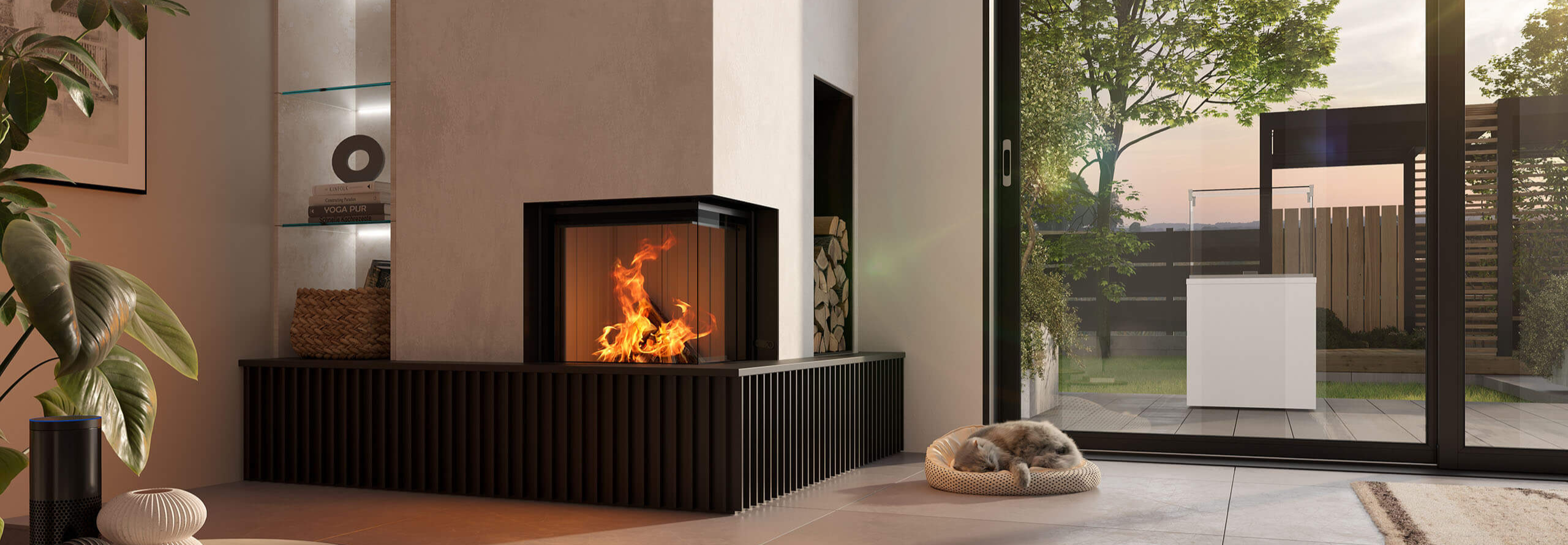 Eckkamin eingebaut in der Wand mit Ausblick in den Garten