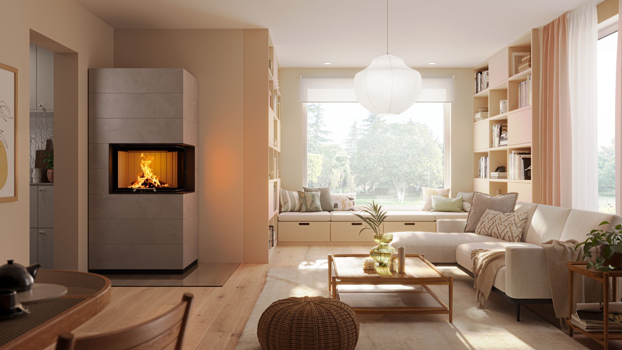 Hell eingerichtetes Wohnzimmer mit schönem Kamin