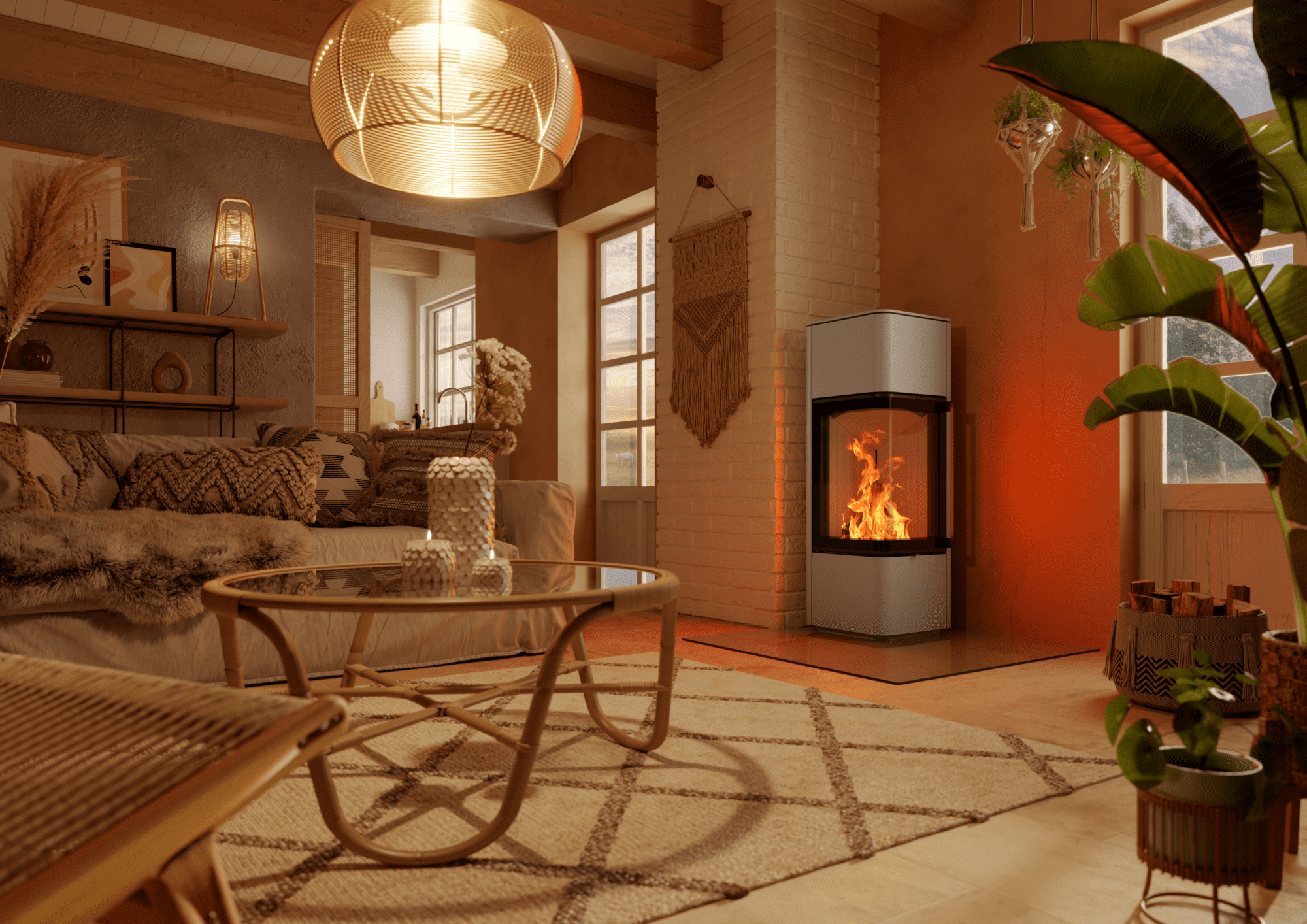 Ein beiger Kaminofen mit brennendem Feuer steht in einem hell eingerichteten Wohnzimmer neben einem Sofa.