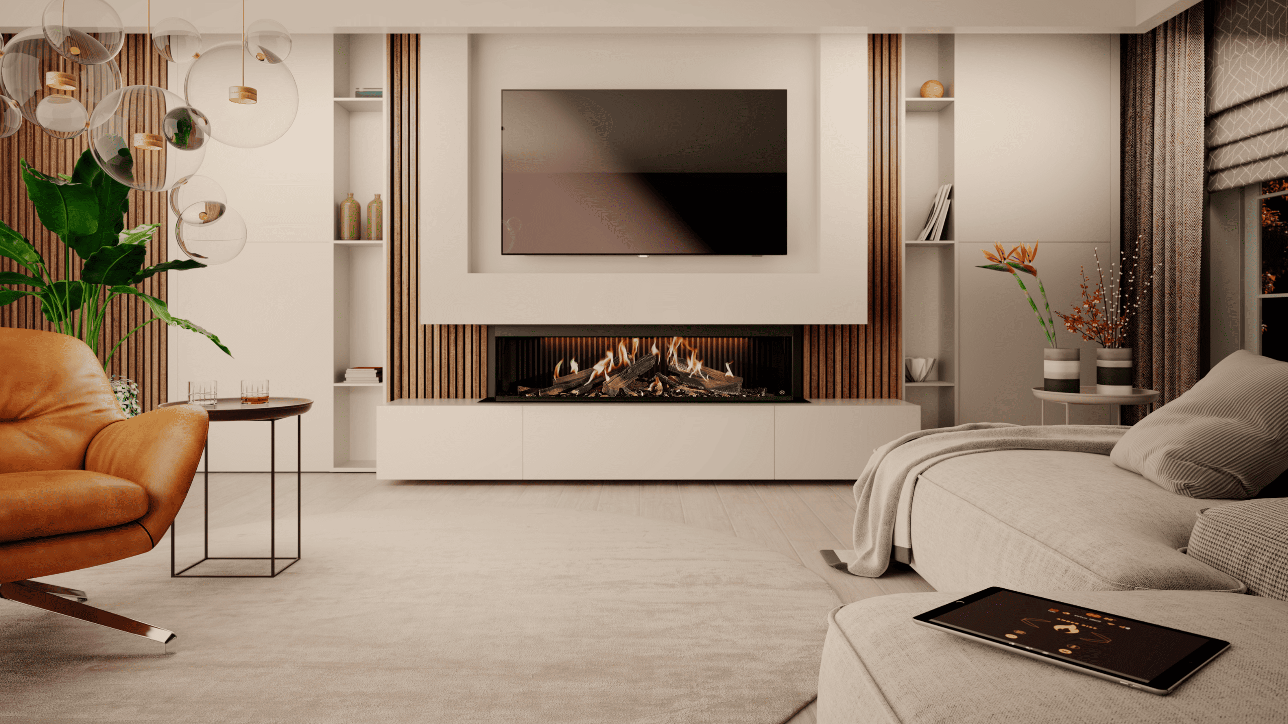 Ein Elektrokamin ist in ein Sideboard mit Fernseher eingebaut, das sich in einem modernen Wohnzimmer mit Couch und Sessel befindet.