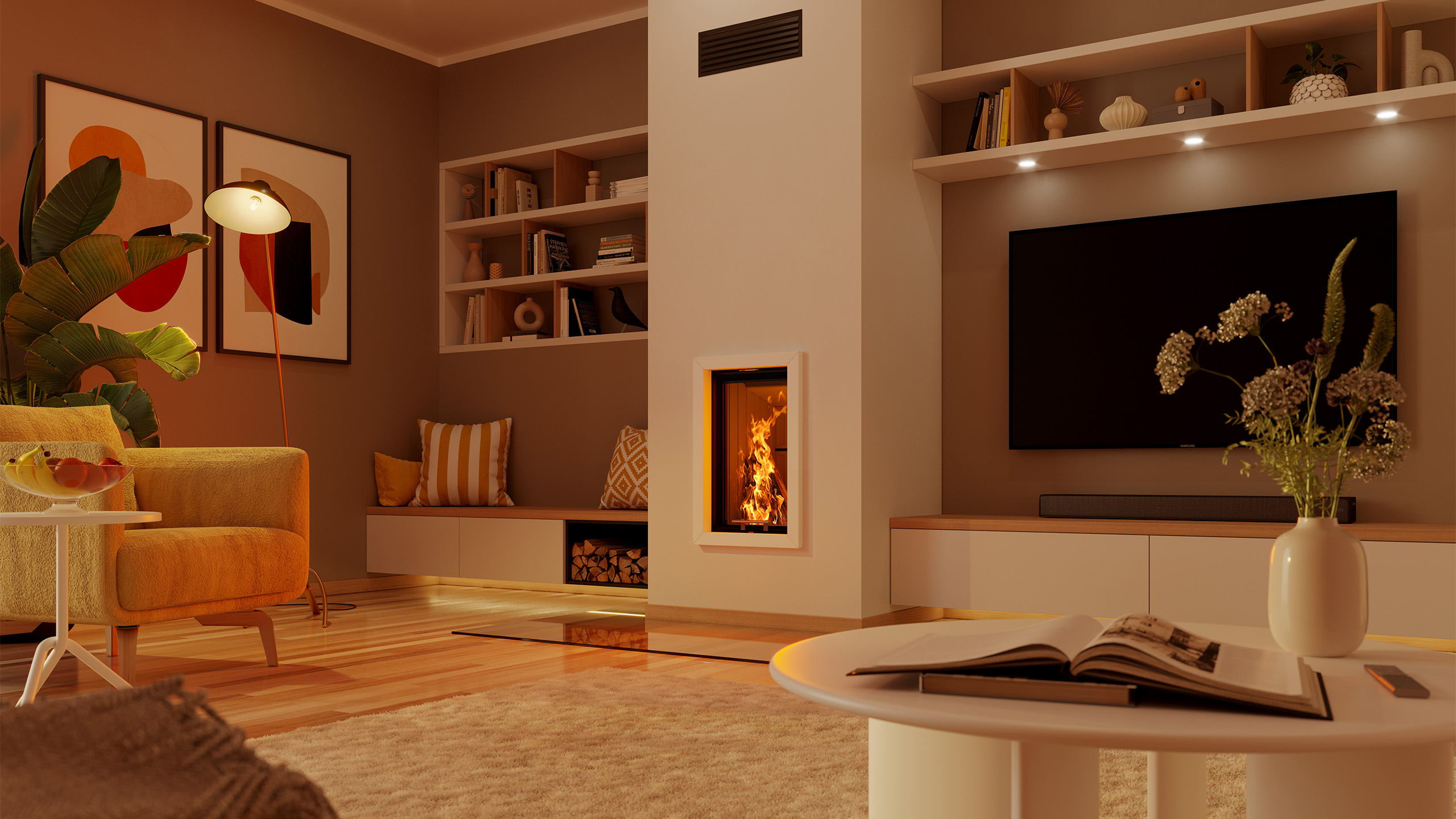 Ein weißer Kaminofen steht in einem modernen und freundlich eingerichteten Wohnzimmer vor einer Wand zwischen einem Sideboard mit Fernseher und Bücherregal.