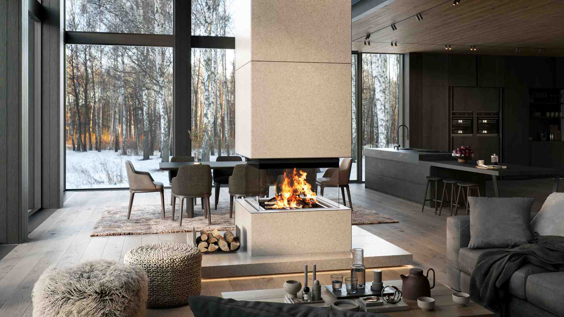 Ein maßangefertigter Kamin steht mitten in einem offenen Wohnbereich mit angrenzender Küche.