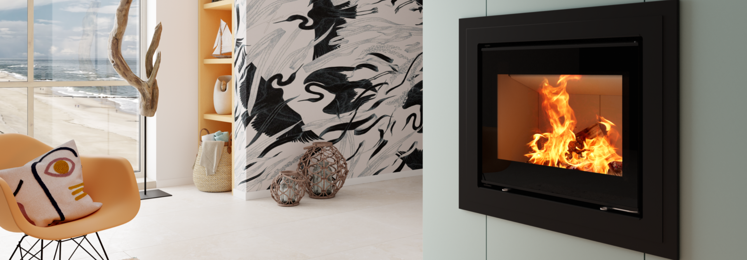 Verbaute Kaminkassette in Türkis