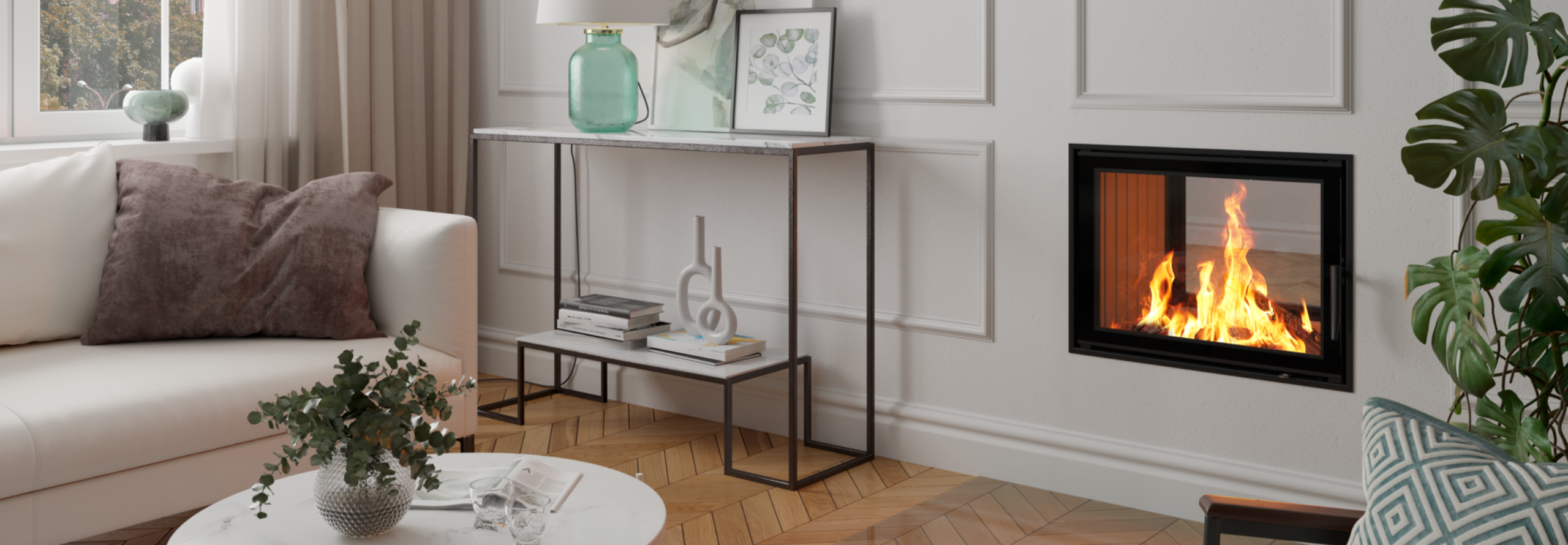 Ein Tunnelkamin vor einem Sofa. 