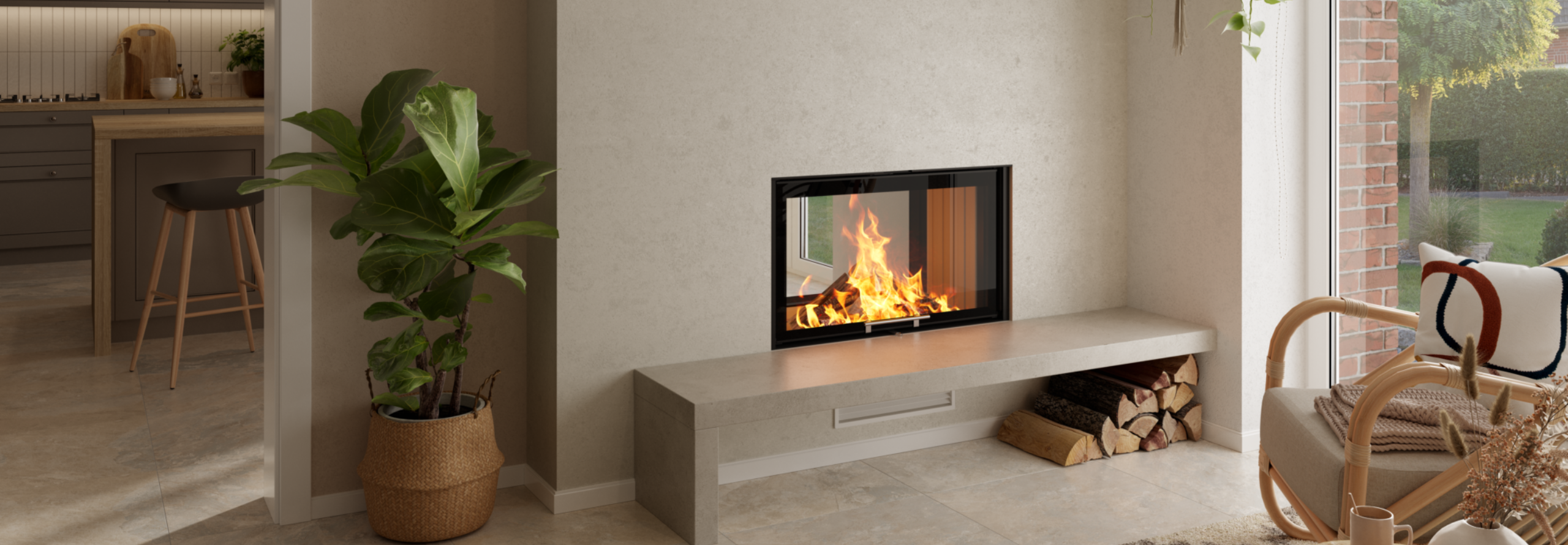 Ein Tunnelkamin, zwischen zwei Räumen.