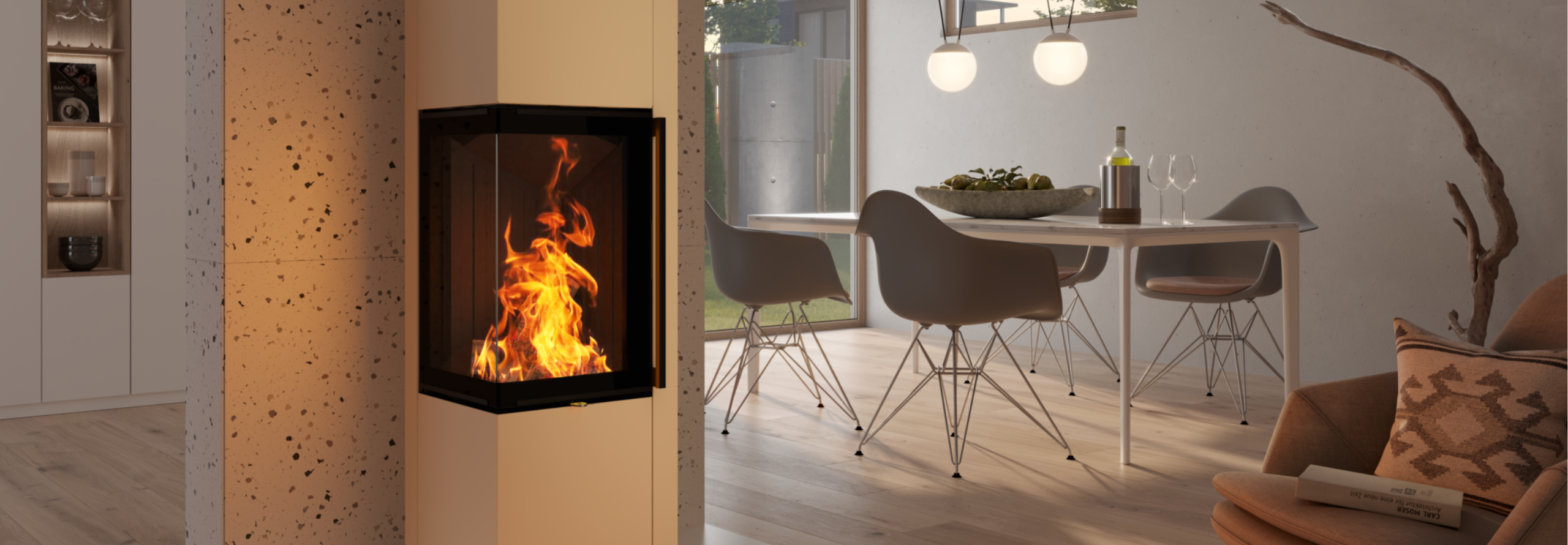 Brennender Kamin steht an gesprenkelter Wand in einem offenem Raum