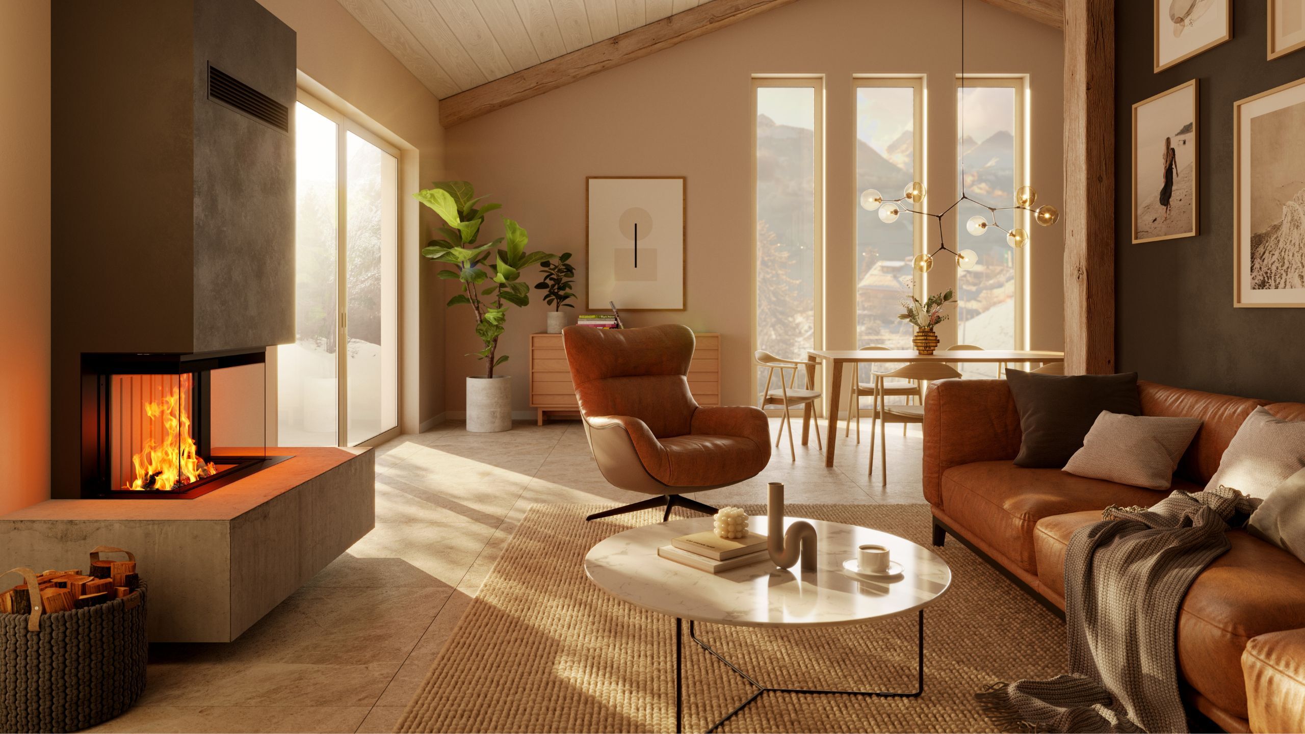 Ein Kaminofen mit brennendem Feuer steht in einem modernen Wohnzimmer gegenüber einer Couch mit Tisch und Sessel und im Hintergrund befindet sich ein Esstisch.