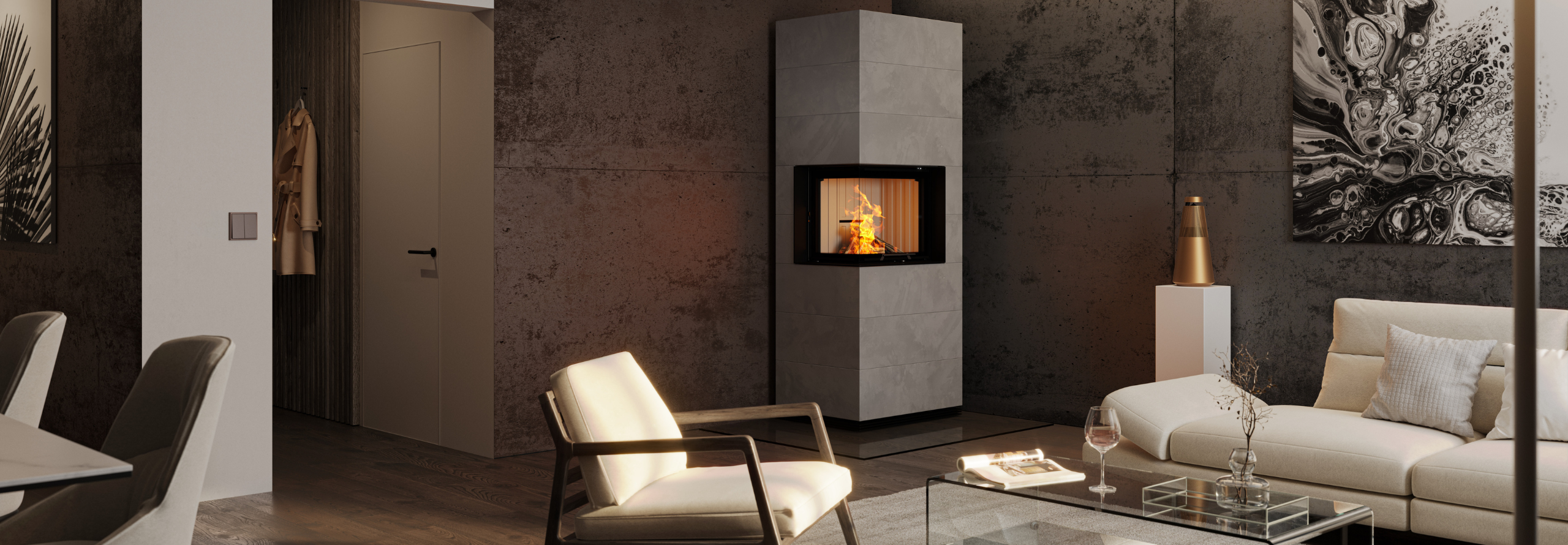 Kaminanlage steht in der Ecke eines modernen und stilvoll eingerichteten Wohnzimmers.