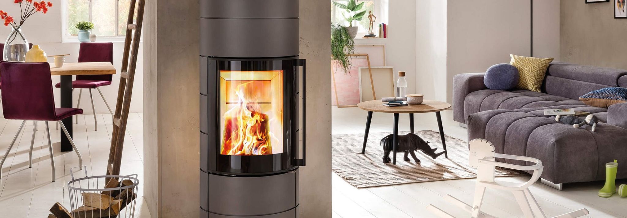 Grey burning fireplace