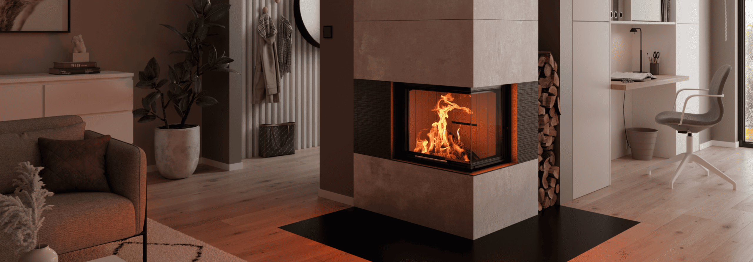 Eine Kaminanlage mit Holzfach steht vor einer Wand, die als Raumteiler zwischen Wohn- und Arbeitszimmer dient.