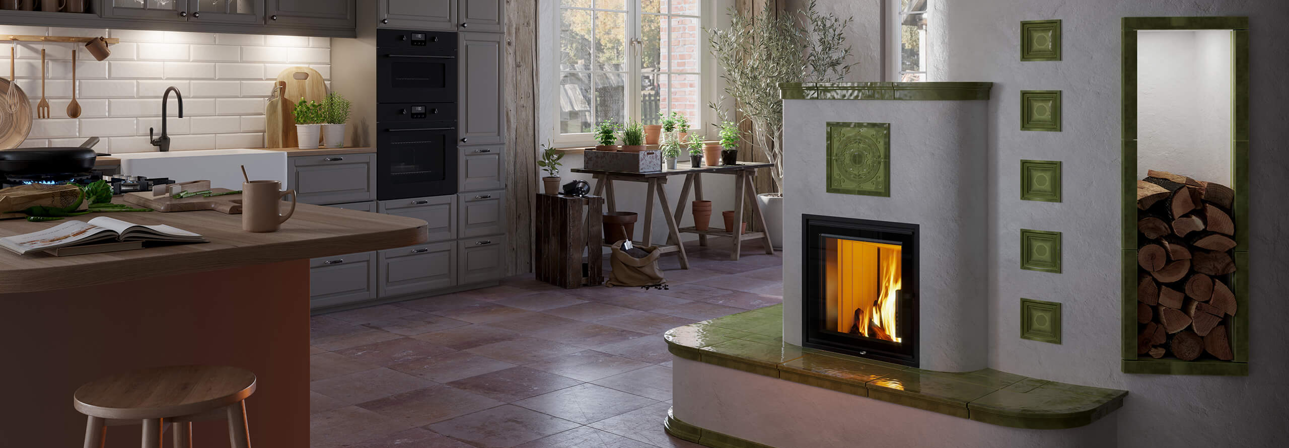 Ein Kachelofen in einer Küche im Landhausstil.