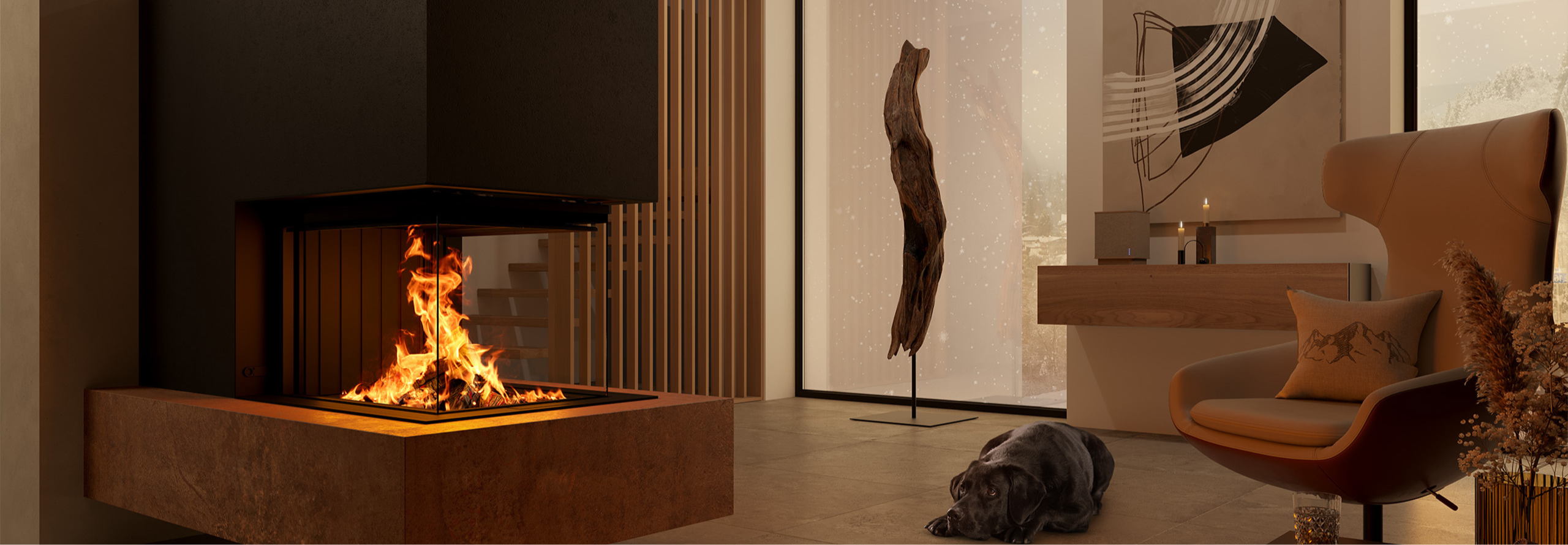 Ein dreiseitiger Kamin als Raumteiler zwischen dem Wohn- und Essbereich, vor dem ein schwarzer Hund liegt.