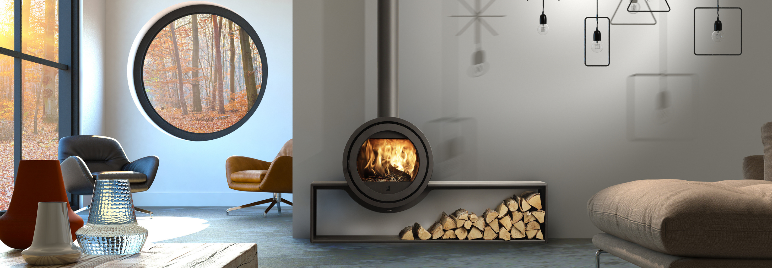 Kamineinsatz als Raumteiler in einem minimalistisch geschmückten Wonzimmer.