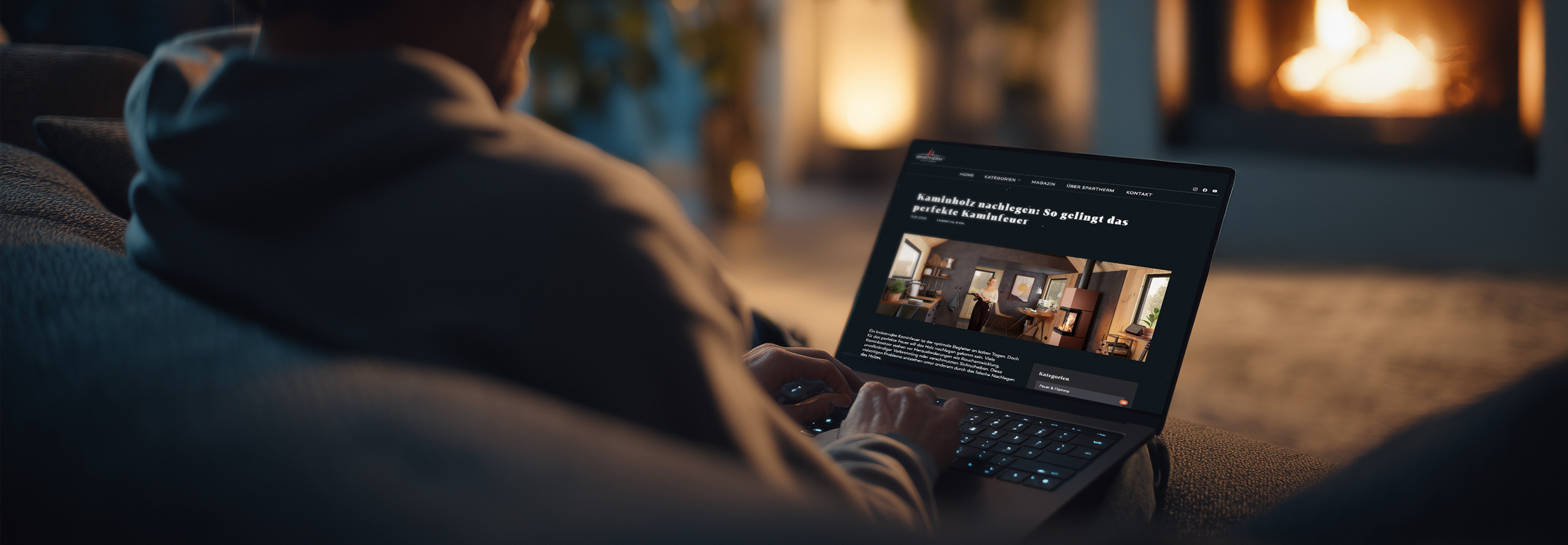 Kamineinsatz als Raumteiler in einem minimalistisch geschmückten Wonzimmer.