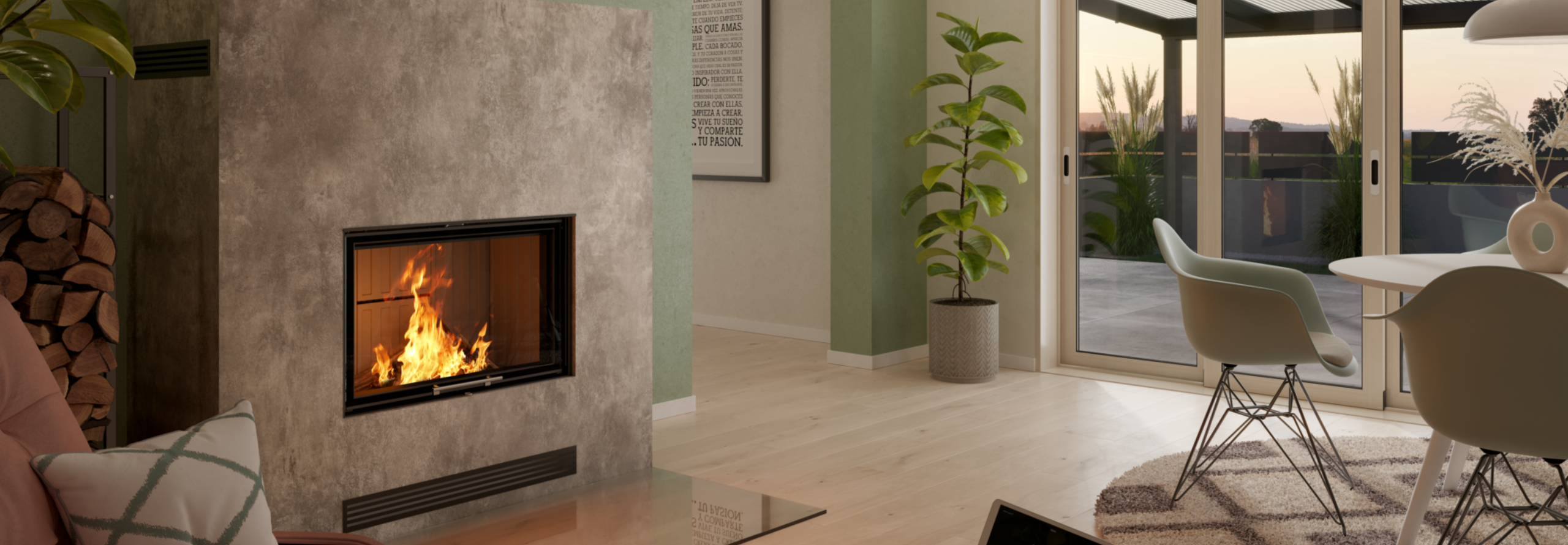 Ein RLU-Ofen steht in einem modernen Wohnbereich vor einer grünen Wand.