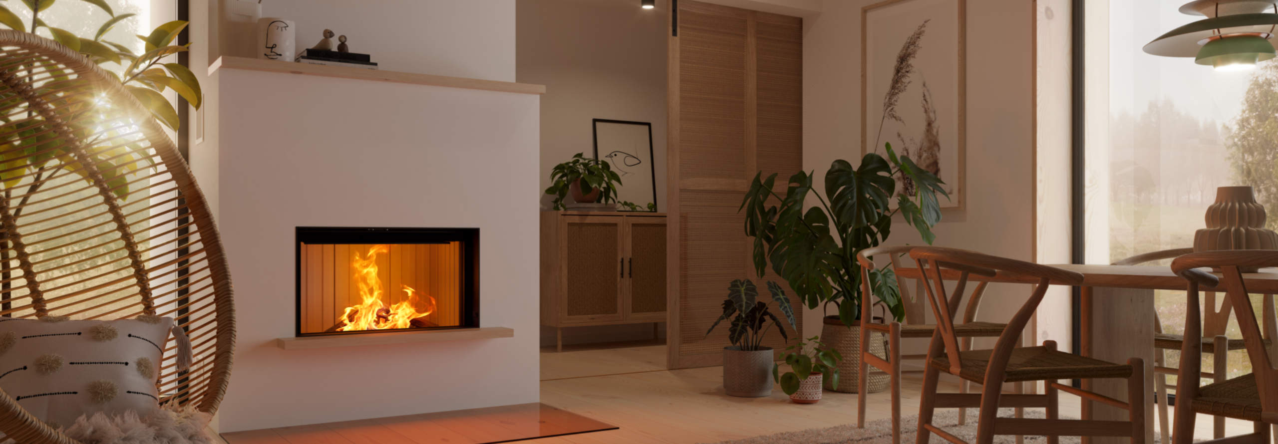 Ein eingebauter Kamineinsatz mit Glasvorlegeplatte steht in einem modernen Wohnzimmer.